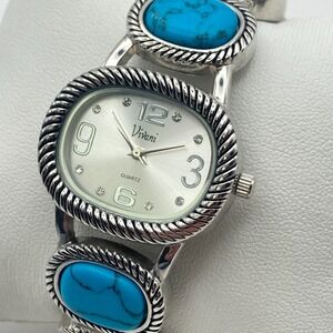 Vivani Women's Watch 30mm Silver Tone Blue Cuff Southwest Oval New Battery 7"